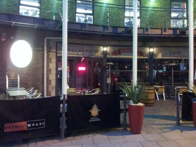 The massive beer garden opens out onto Brewery Place.