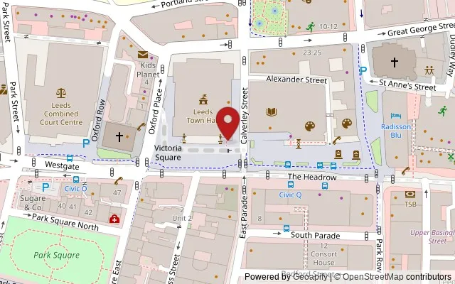 Map showing the location of Leeds Town Hall, The Headrow, Leeds LS1 3AD