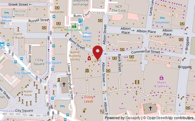 Map showing the location of Trinity Kitchen, 27 Albion Street, Leeds LS1 5ER