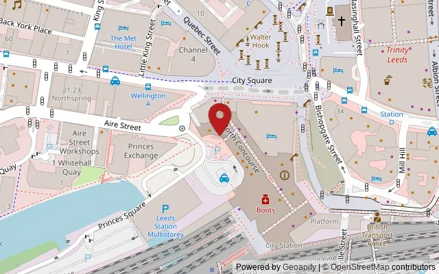 Map showing the location of North Concourse, Leeds Railway Station, Leeds LS1 4DY,